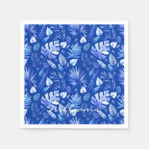 Serviette En Papier Nom sur Cobalt Blue Tropical Feuilles Cocktail