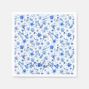 Serviette En Papier Nom sur Cobalt Blue Tropical Flowers Cocktail