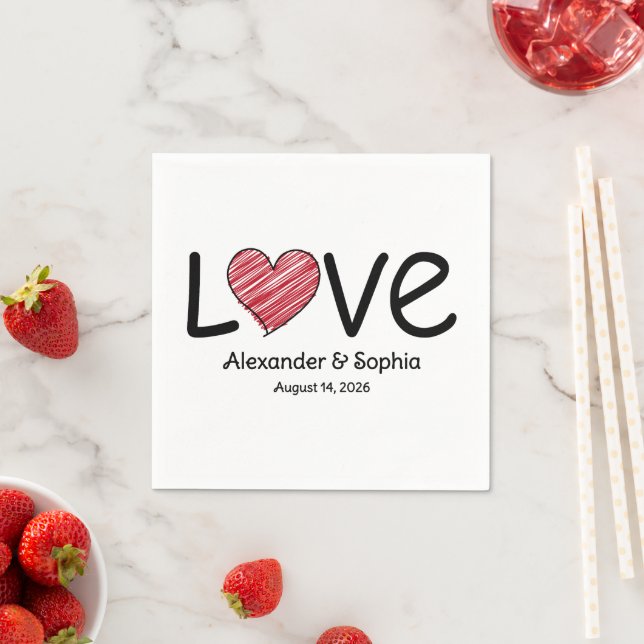 Serviette En Papier Noms & Date Amour Gribouillage Cœur Minimaliste Mo (En situation)