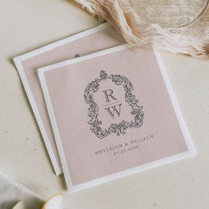 Serviette En Papier Noms de blason de monogramme vintage Mariage rose 