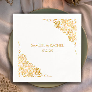 Serviette En Papier Noms de couple Date Main Drawn Gold Rose Mariage