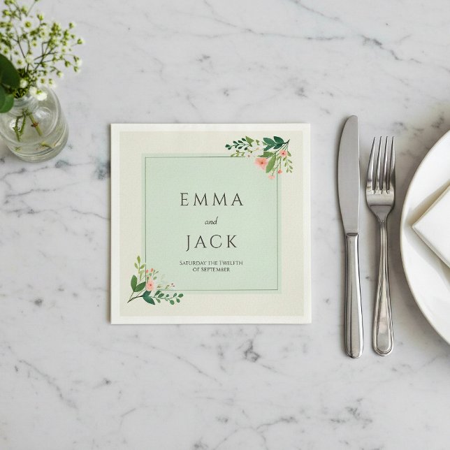 Serviette En Papier Noms de verdure rose doux et mariage de date (Botanical frame, green wedding napkin with bride and groom names.)