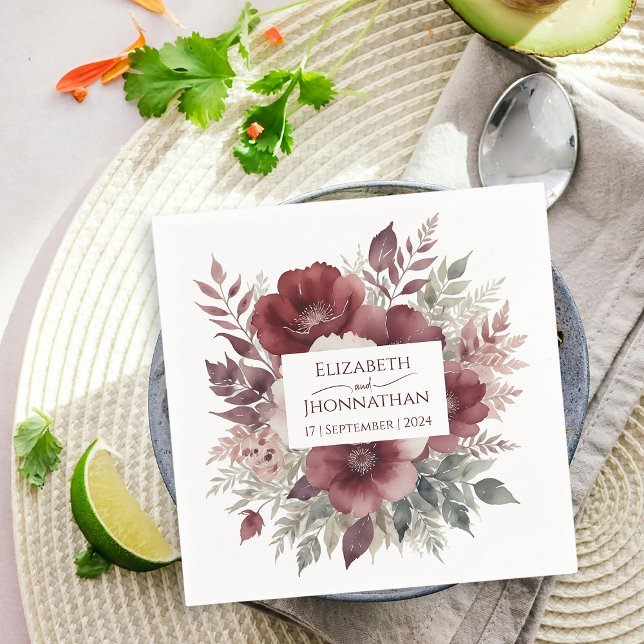 Serviette En Papier Noms des Mariages d'aquarelle florale de Bourgogne (Créateur téléchargé)
