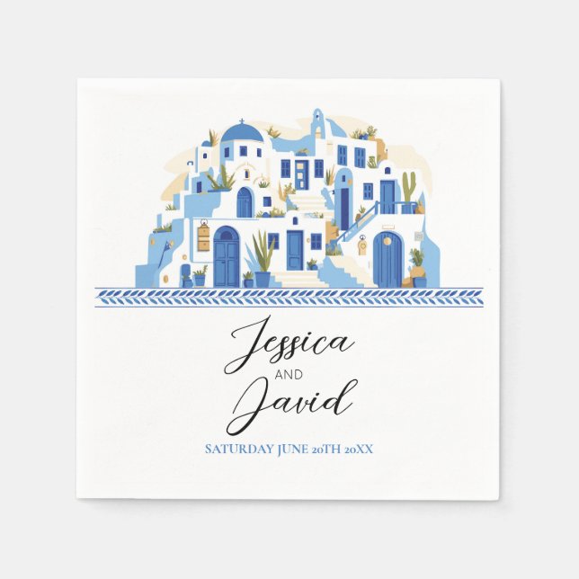 Serviette En Papier Noms des Mariages de serviettes Santorin Grèce Ble (Devant)