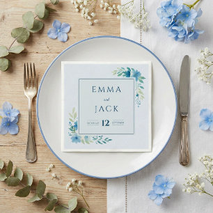 Serviette En Papier Noms et date de mariage élégants avec verdure bleu