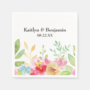 Serviette En Papier Noms et dates avec fleurs d'aquarelle colorées