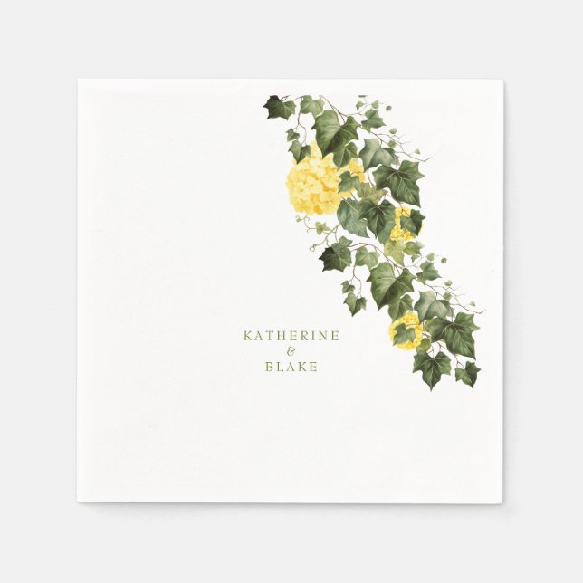 Serviette En Papier Noms Hydrangeas Jaune Aquarelle Mariage  (Devant)
