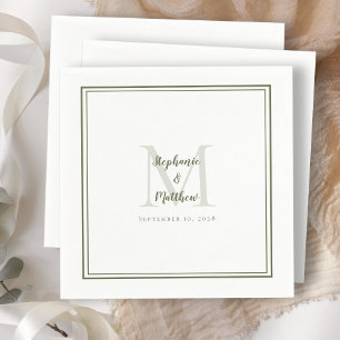 Serviette En Papier Noms Mariages modernes et Date Monogramme Olive Gr