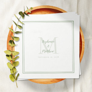 Serviette En Papier Noms Mariages modernes et date Monogramme Sage Ver