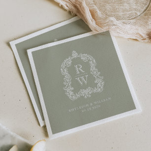 Serviette En Papier Noms vintages de crêtes de monogramme Sage Mariage