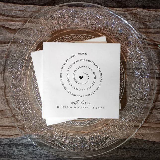 Serviette En Papier Note d'amour manuscrite en spirale cœur mariage (Custom modern wedding napkins featuring spiral love note, heart, and couple’s names)