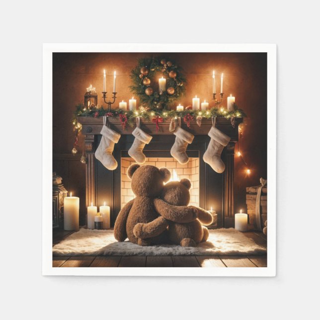 Serviette En Papier Nounours Devant Une Cheminée De Noël (Devant)