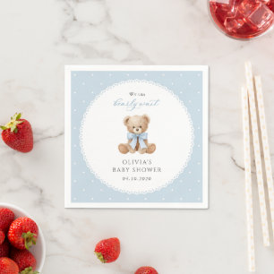 Serviette En Papier Nounours, Nœud Bleu, Points Bleus, Baby Shower