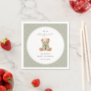 Serviette En Papier Nounours, Nœud, Points verts, Baby Shower