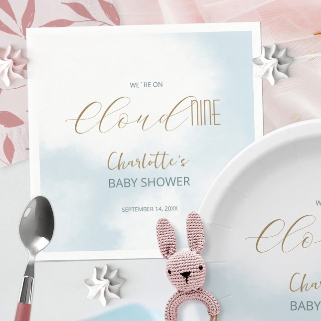 Serviette En Papier Nous sommes sur Cloud 9 Elegant Script Baby shower (We´re on Cloud 9 Elegant Script Blue Baby Shower Napkins ©Susanne Sachers - Sunny Mind 🌞)