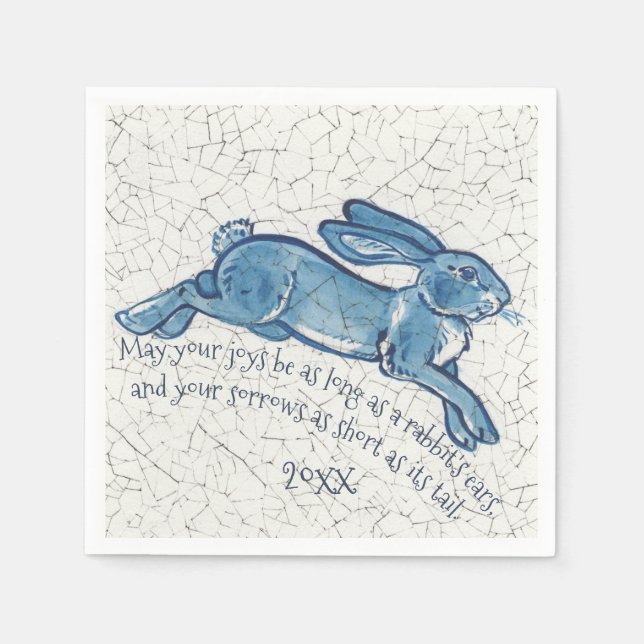 Serviette En Papier Nouvel An Blanc Bleu Lapin Lapin Delft Dedham Date (Devant)