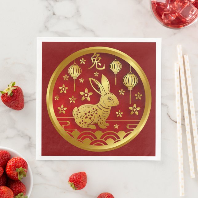 Serviette En Papier Nouvel An Chinois 2023 Rabbit Red Gold Dinner (En situation)