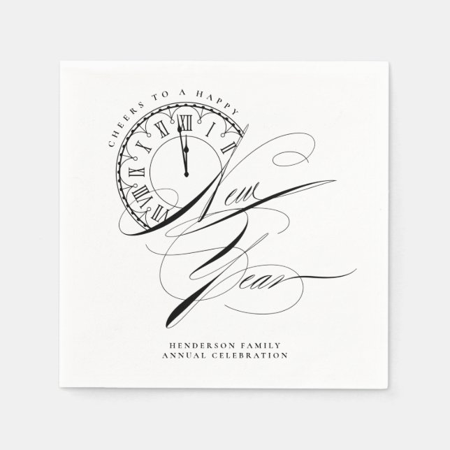 Serviette En Papier Nouvel An élégant noir et blanc (Devant)