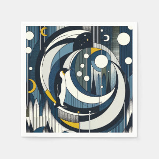 Serviette En Papier Nuit géométrique bleu marine avec lune et pingouin