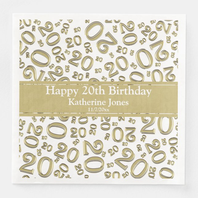 Serviette En Papier Numéro du 20e anniversaire Motif Gold/Black Pap (Devant)