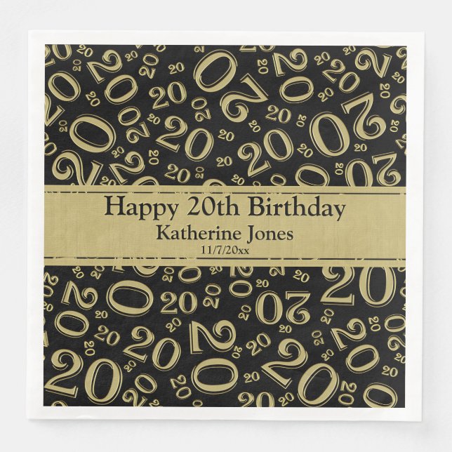 Serviette En Papier Numéro du 20e anniversaire Motif Or/Noir (Devant)