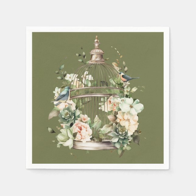 Serviette En Papier Oakmoss Vert Blanc Rose Oiseau Douche (Devant)