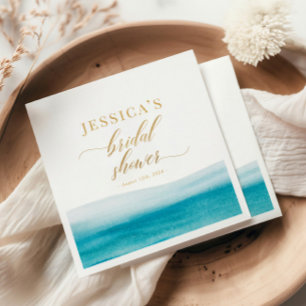 Serviette En Papier Ocean Watercolor Gold Script Beach Fête des mariée