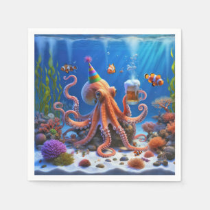 Serviette En Papier Octopus d'anniversaire avec une bière