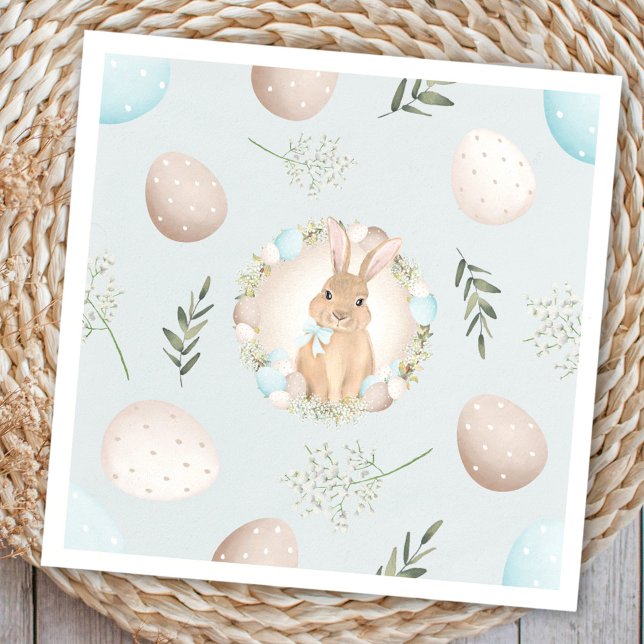 Serviette En Papier Oeufs de Pâques et Bunny Spring Blue Pastel (Easter Eggs and Bunny Spring Blue Pastel Napkins)
