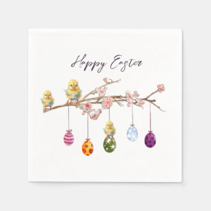 Serviette En Papier Oeufs de Pâques sur la branche de floraison Joyeux