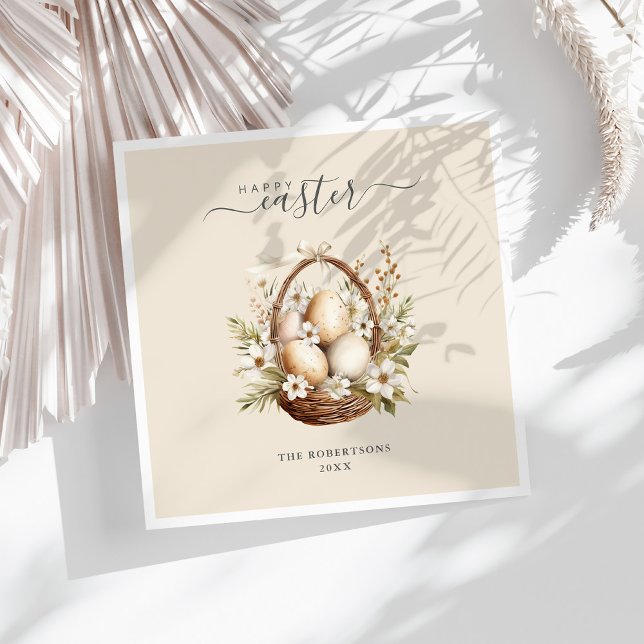 Serviette En Papier Oeufs Fleurs de Printemps Pastel Joyeux Pâques (Spring Flowers Eggs Pastel Happy Easter Napkins on a sunny white table.)