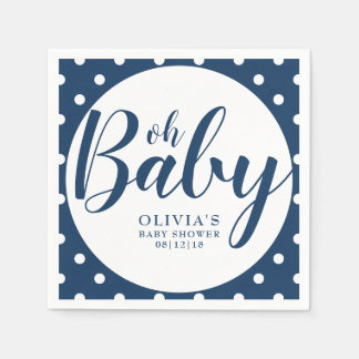 Serviette En Papier Oh Baby - Baby shower à points bleu marine Polka