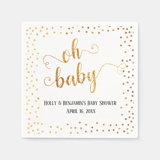 Serviette En Papier "Oh Baby" Faux Gold Foil Confetti, Noms et Date (Devant)