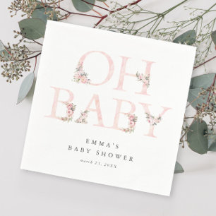 Serviette En Papier Oh Baby Floral Typographie Baby shower rose