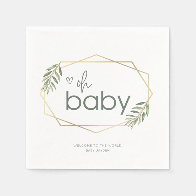 Serviette En Papier Oh Baby Green et Baby shower d'or (Devant)