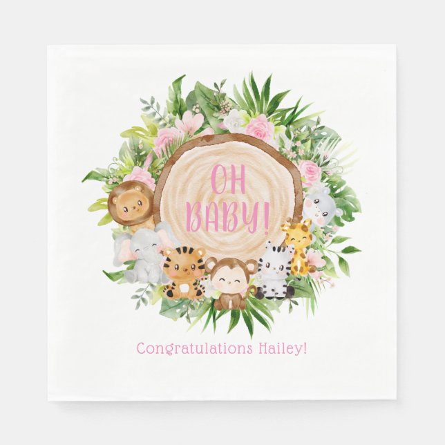 Serviette En Papier Oh Baby Pink Safari Jungle Baby shower d'aquarelle (Devant)