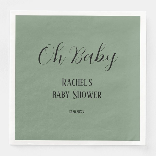 Serviette En Papier Oh Baby Sage Green Script mignon Baby shower moder (Devant)