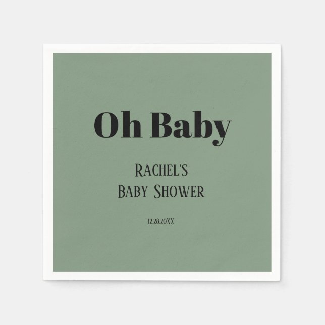 Serviette En Papier Oh Baby Sage Vert Script Bold Baby shower moderne (Devant)