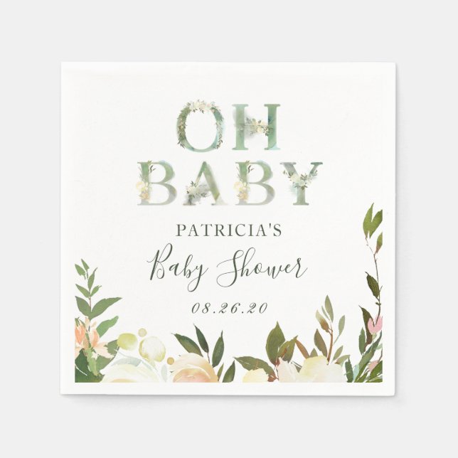 Serviette En Papier Oh Baby shower Verdure Aquarelle Rustique Floral (Devant)