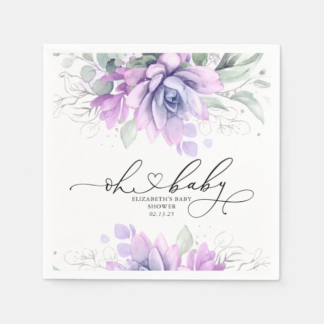 Serviette En Papier Oh Baby Succulents Baby shower vert argent (Devant)