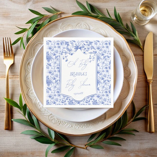 Serviette En Papier Oh bébé bleu toile de jouy croquis baby shower (Oh baby blue toile de jouy vintage sketch bow ribbon baby shower monogrammed personalized napkins)