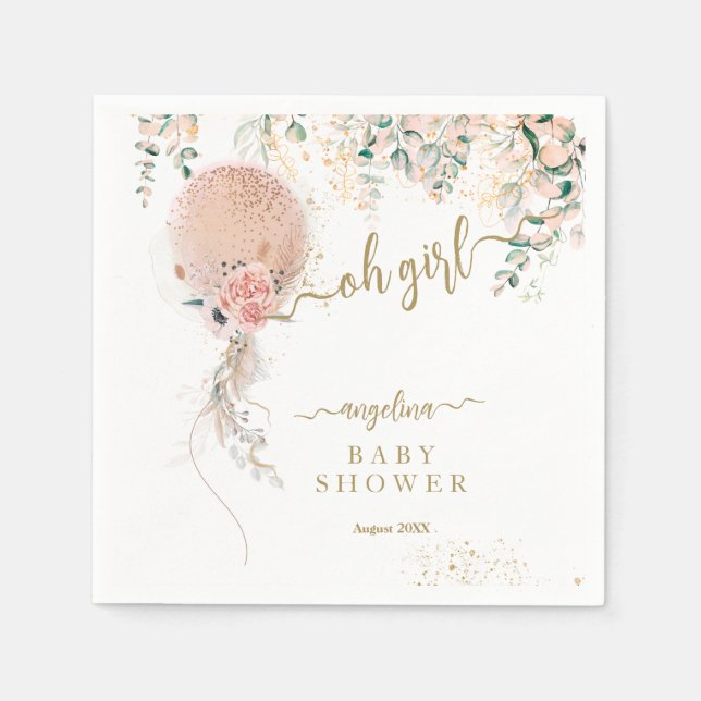 Serviette En Papier Oh Fille Balloon rose Baby shower Floral Eucalyptu (Devant)