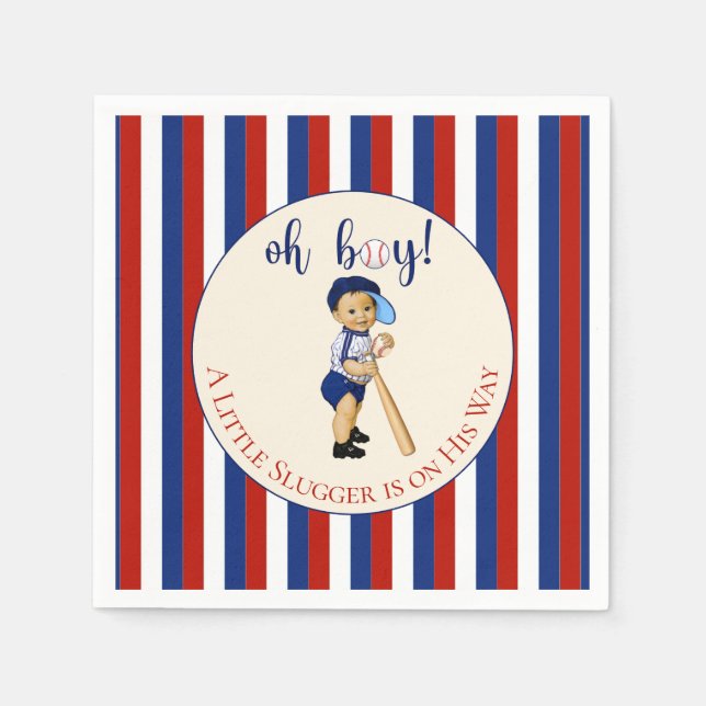 Serviette En Papier Oh Garçon Baseball Rouge Blanc Marine Bleu Stripes (Devant)