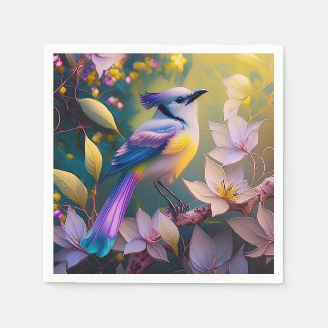 Serviette En Papier Oiseau à poitrine jaune violet (Devant)