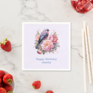 Serviette En Papier Oiseau chanteur debout sur des pivoines roses anni