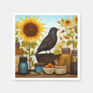 Serviette En Papier Oiseau De Tournesol D'Automne Sur La Table De Cuis