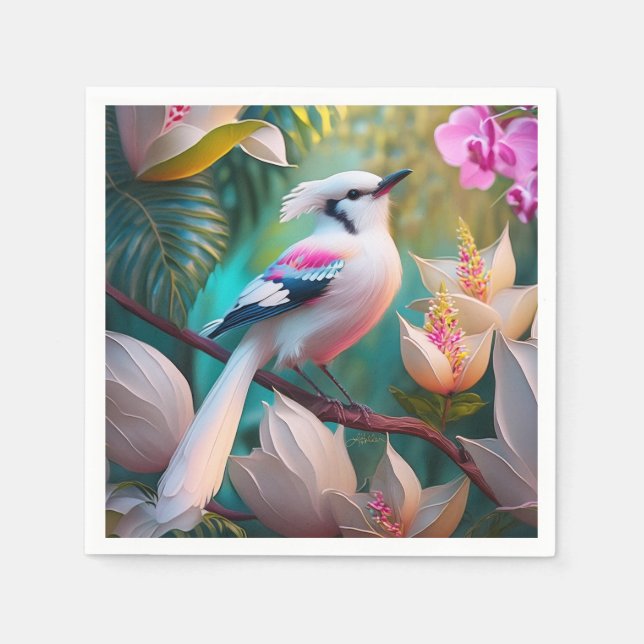 Serviette En Papier Oiseau d'Imaginaire tacheté blanc crêpé (Devant)
