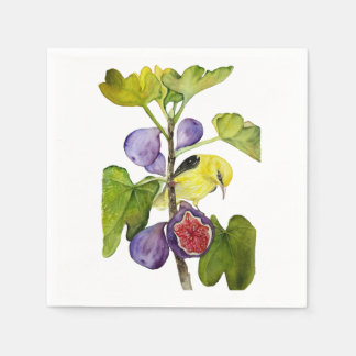 Serviette En Papier Oiseau jaune vibrant avec figs violettes aquarelle
