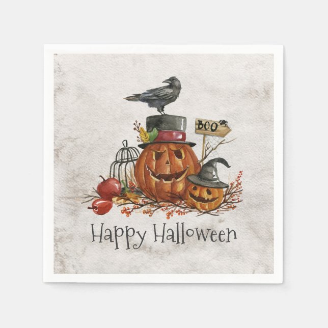 Serviette En Papier Oiseau noir d'Halloween et Citrouilles | Serviette (Devant)