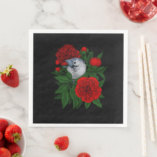 Serviette En Papier Oiseau sur un bouquet de pivoine rouge